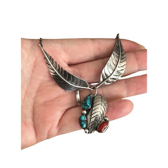 Sterling Silver Turquoise Coral Signed GN Collar Necklace - Picture 6 of 7